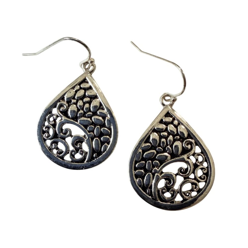 Y2K Silver Tone Teardrop Filigree‎ Dangle Earrings Nickel Free Hypoallergenic